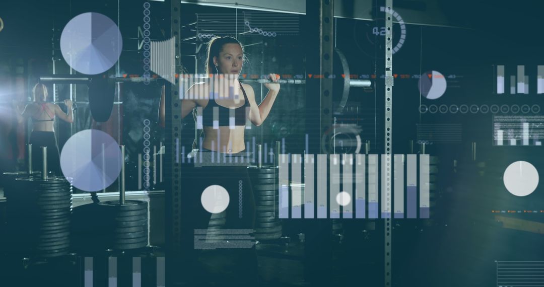 Caucasian Woman Weightlifting with Digital Interface Overlay in Gym