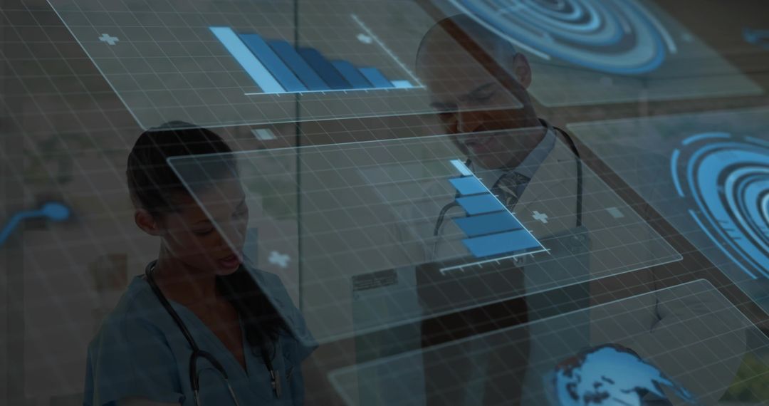 Medical Professionals Analyzing Data with Holographic Technology in Hospital