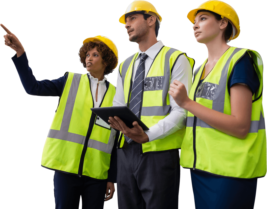 Diverse Architects Collaborating Wearing Helments on Transparent Background