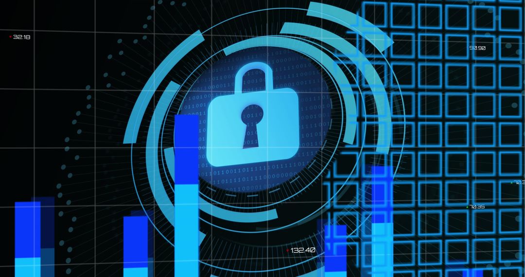 Futuristic Technology Interface with Padlock and Digital Graphs