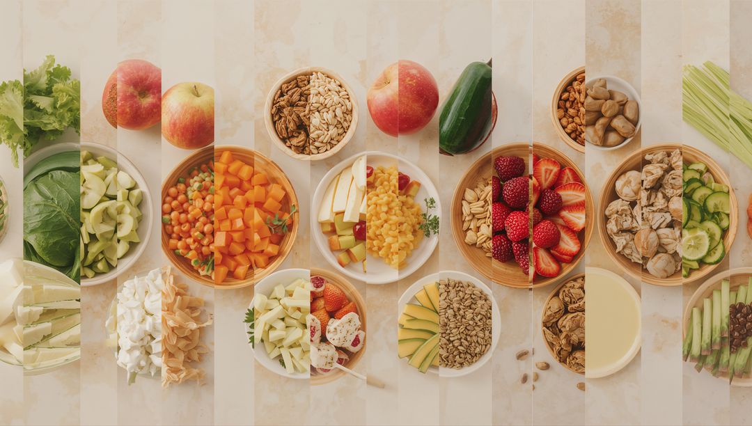 Assortment of Fresh Fruits, Vegetables, Grains, and Nuts on Marble Table