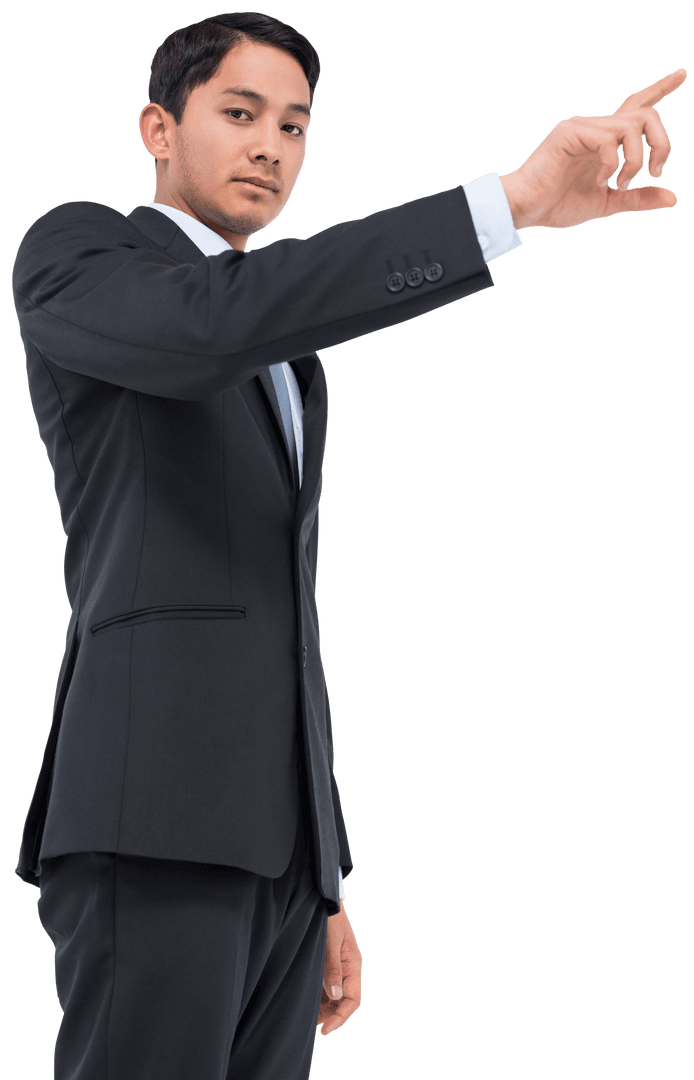 Serious Asian Businessman Pointing with Finger on Transparent Background