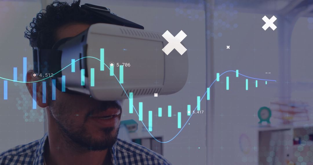 Man Wearing VR Goggles Interacting with Digital Financial Data