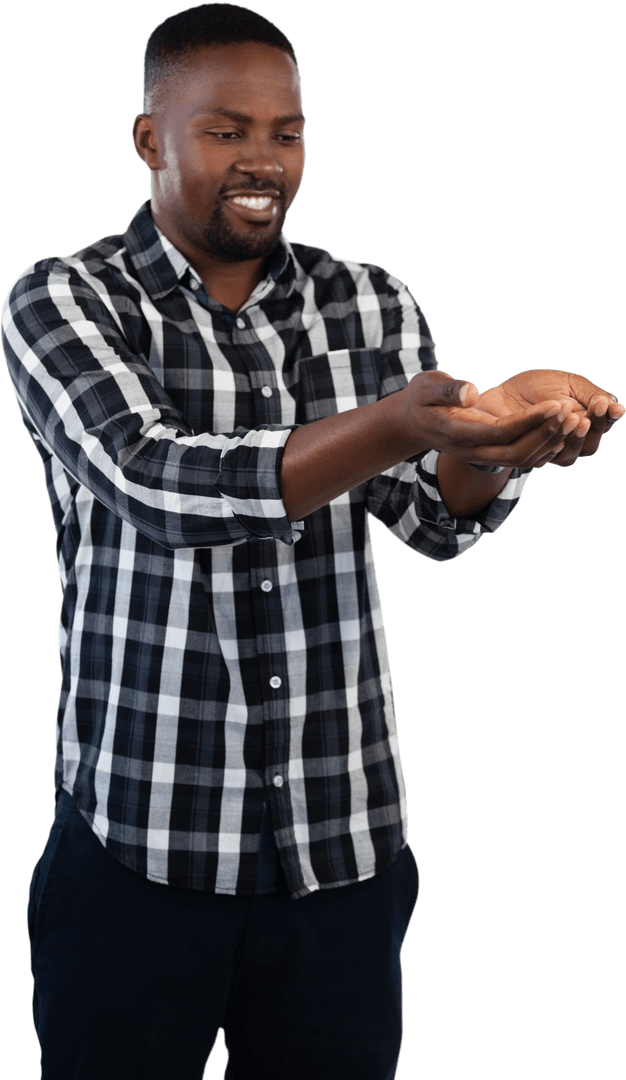 Smiling Man in Black and White Plaid Shirt with Cupped Hands Transparent Background