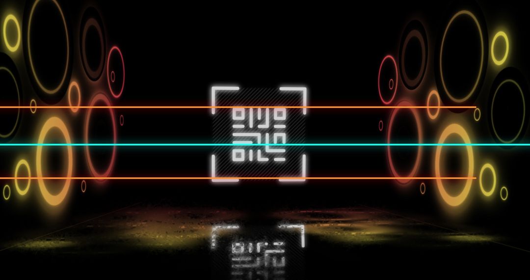 Glowing QR Code with Neon Circles and Lines on Dark Background