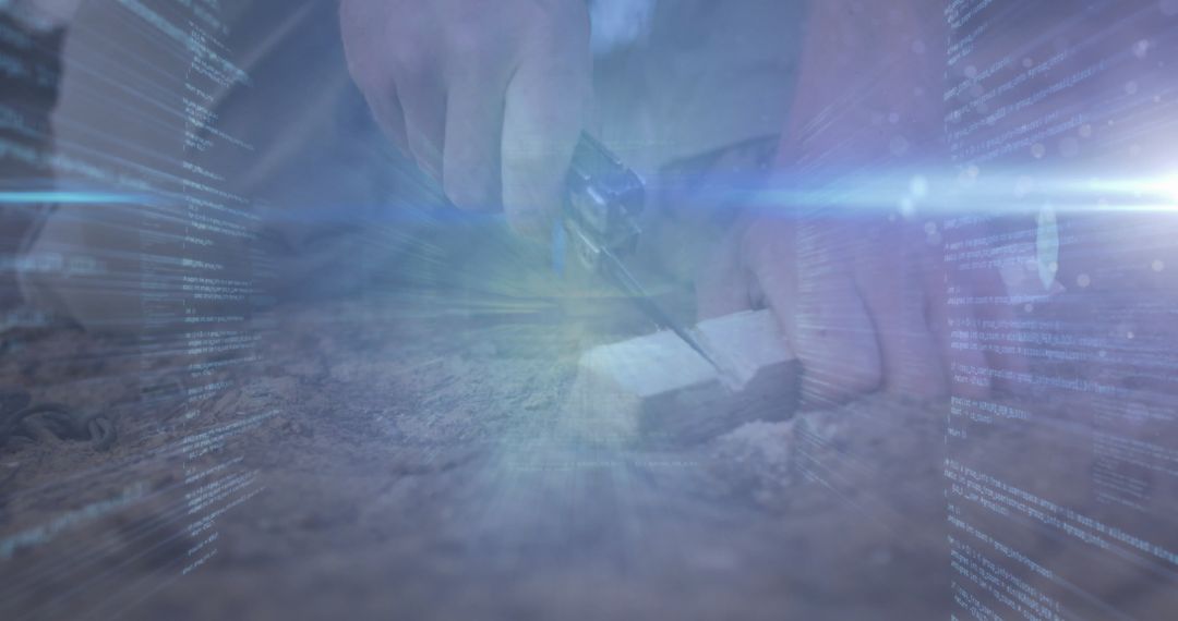 Engineer Hand Cutting Wood Block Abstract Digital Overlay