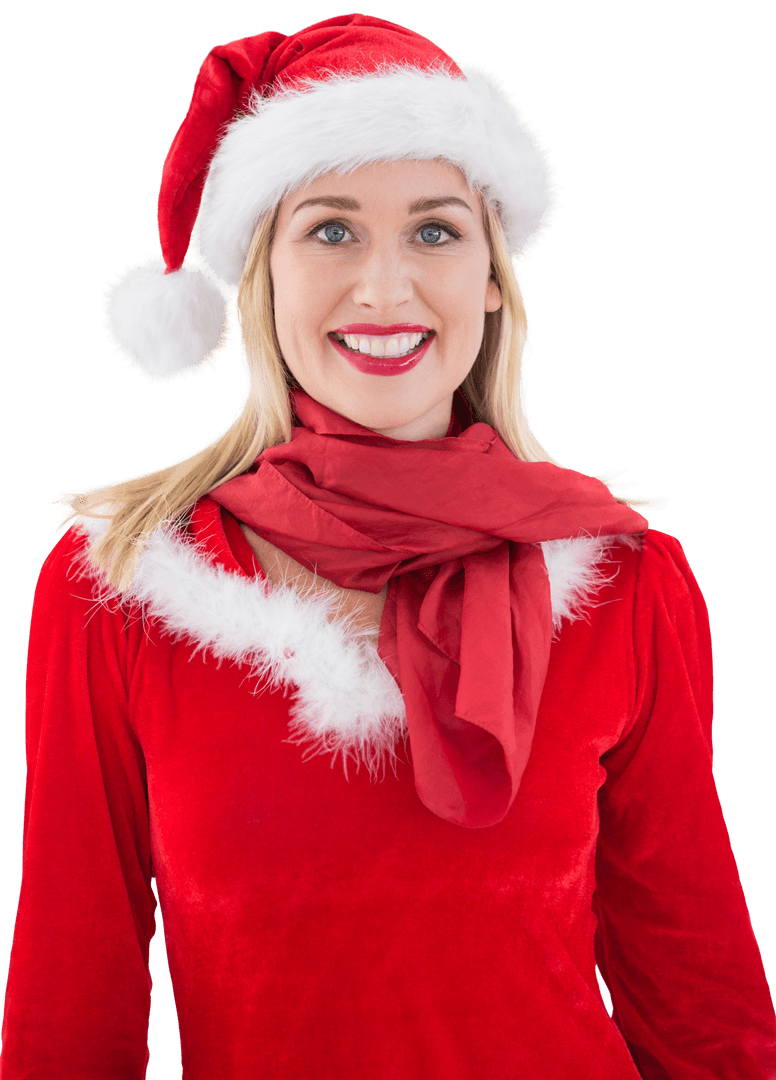 Smiling Woman in Festive Santa Hat with Transparent Background