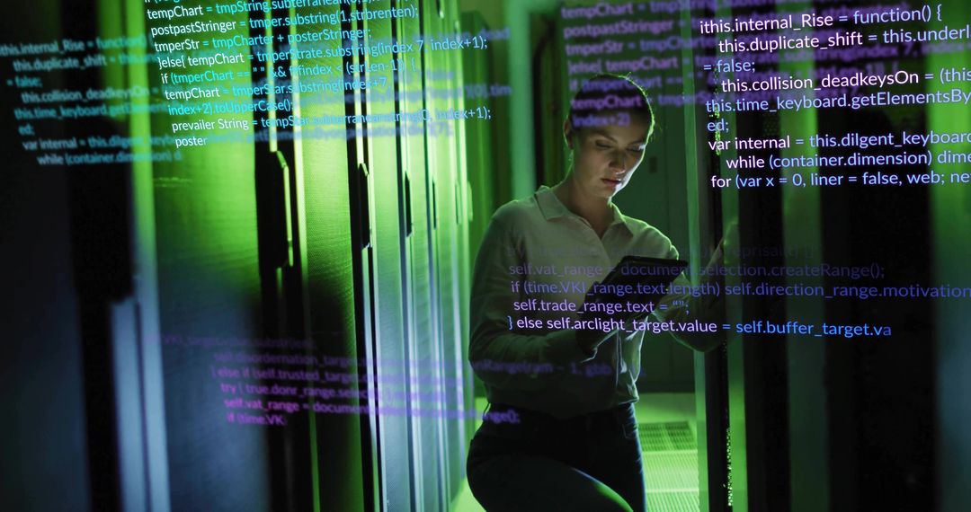 Female IT Professional Analyzing Data Code in Server Room