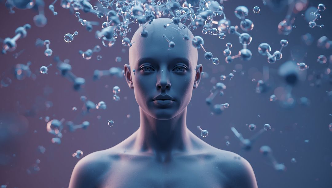 Futuristic Humanoid Bust with Floating Molecular Models