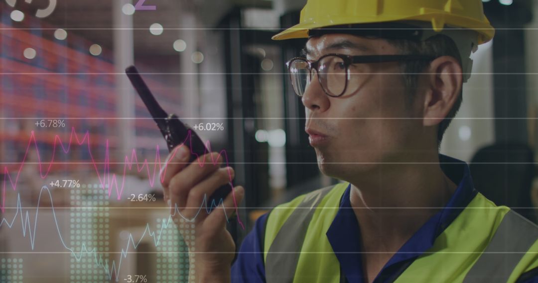 Warehouse Worker Communicating Amidst Data Overlay