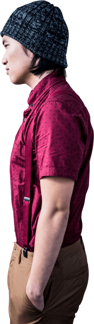 Casual Contemplation of Man in Colored Beanie Against Transparent Background