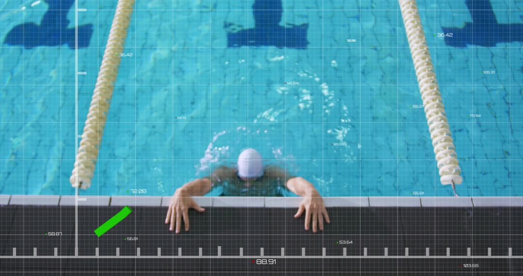 Gripping Swimmer Holding Pool Edge in Center Lane with Digital Measurement Overlay