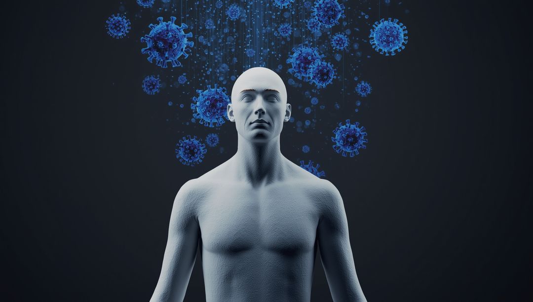 Futuristic Humanoid with Floating Virus Particles Concept