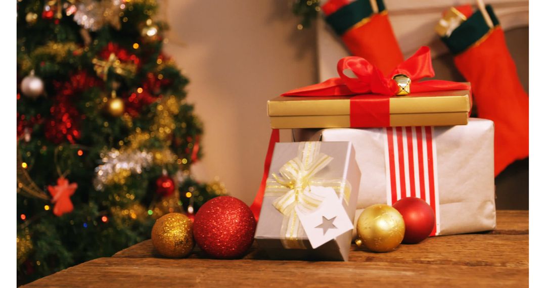 Christmas Tree with Presents and Festive Decorations