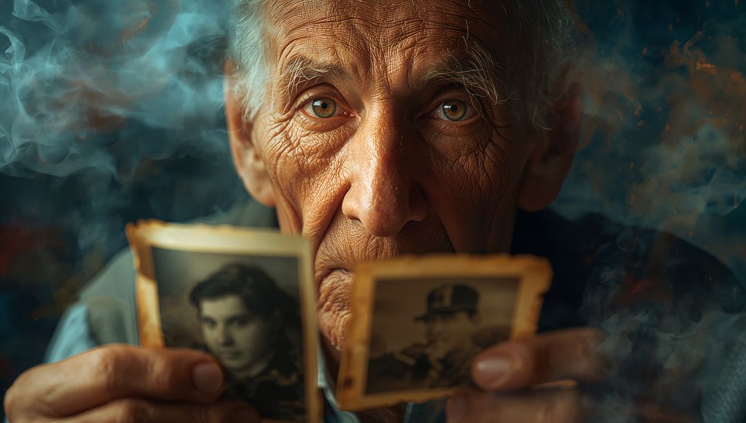 Elderly Man Reflecting on Memories of Past Lives