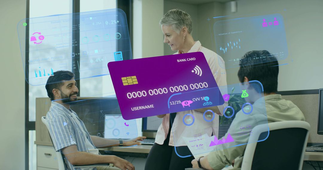 Financial Team Analyzing Data with Holographic Banking Technology