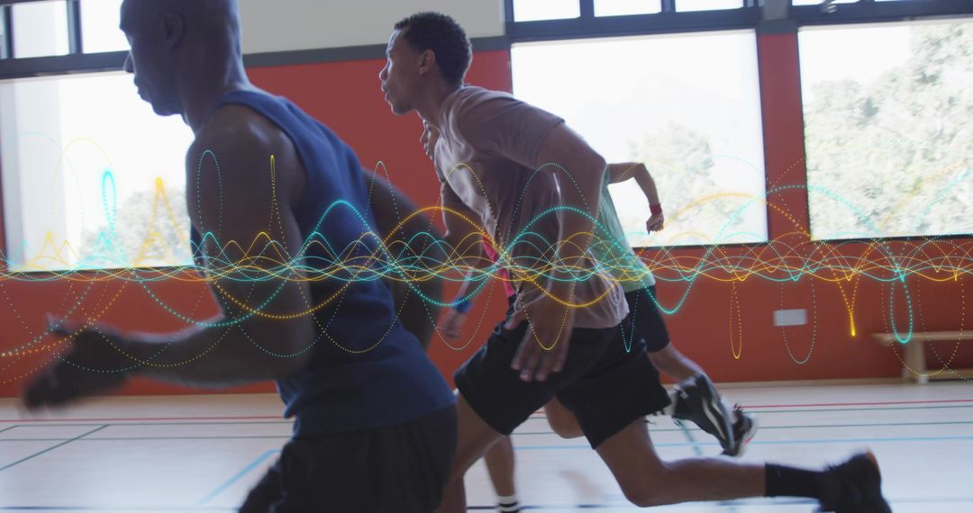 Dynamic Sprinting Athletes with Digital Waveform Overlay