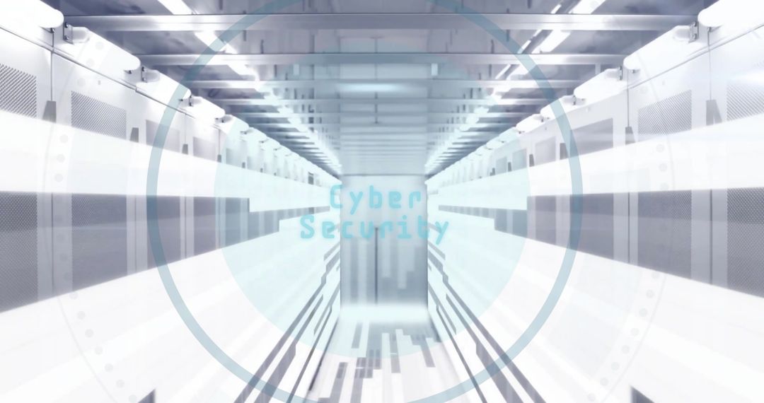 Futuristic Server Room with Cybersecurity Concept
