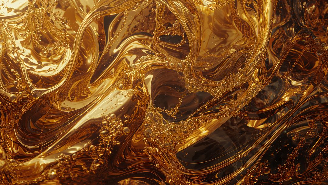 Abstract Swirling Gold Fluid with Reflective Surfaces and Bubbles