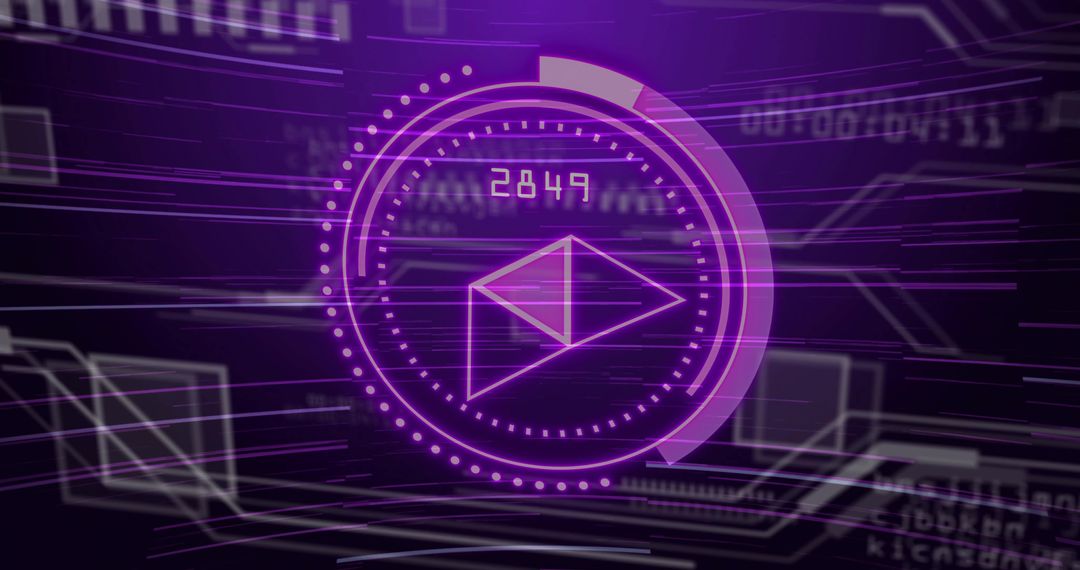 Neon Purple Cyber HUD Pulsing Envelope Icon with Progress Arc, Numeric Display 2849