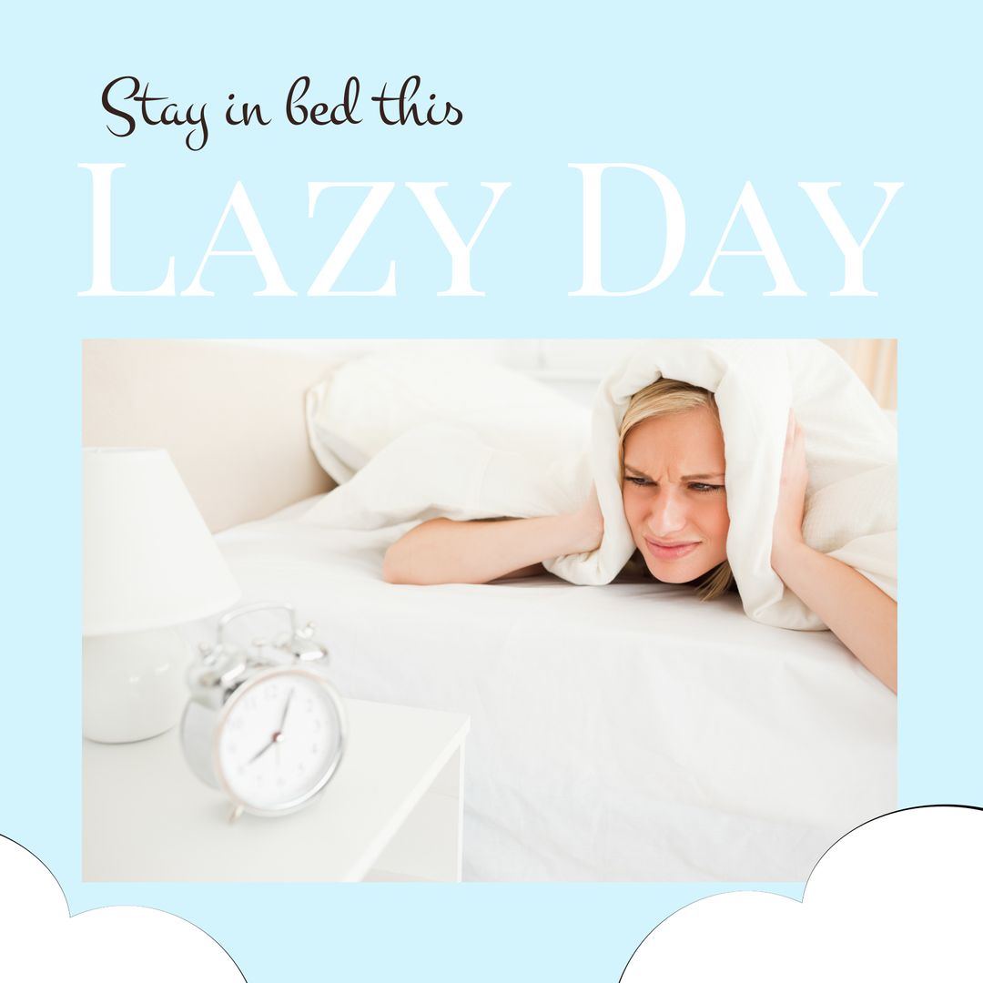 Young Woman Covering Ears with Pillow Next to Alarm Clock