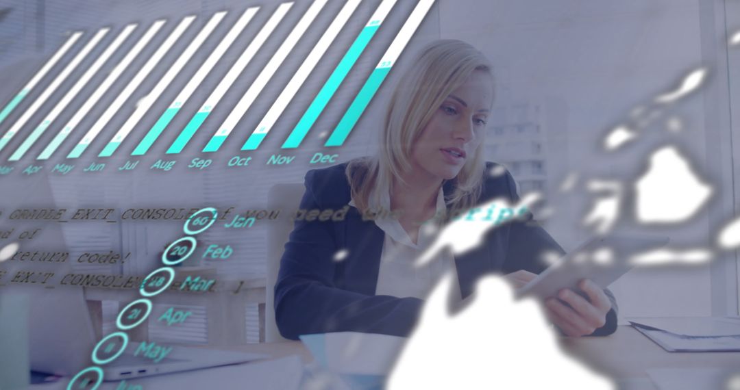 Businesswoman Analyzing Financial Data on Tablet with Global Network Overlay
