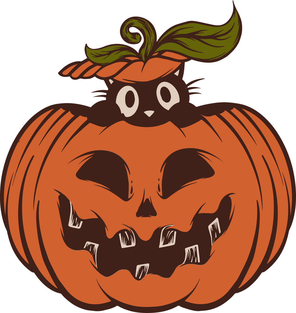 Whimsical Jack-O'-Lantern with Cat on Transparent Background