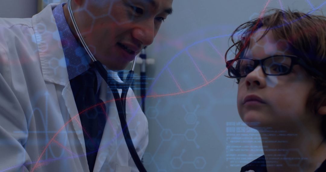 Doctor Examining Child with Stethoscope and DNA Overlay