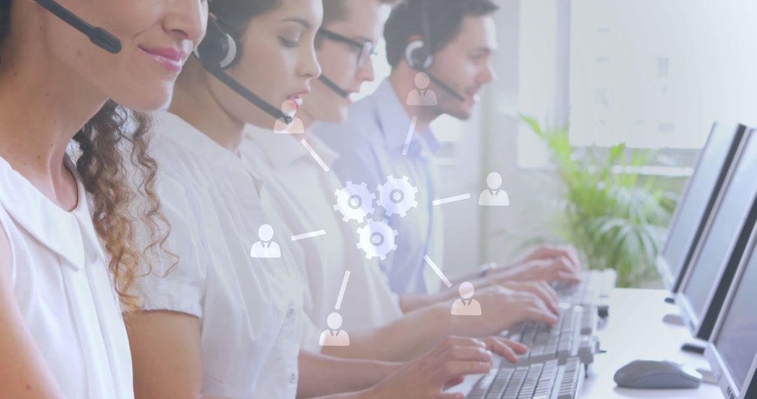 Call Center Team at Work with Interfaces Overlay