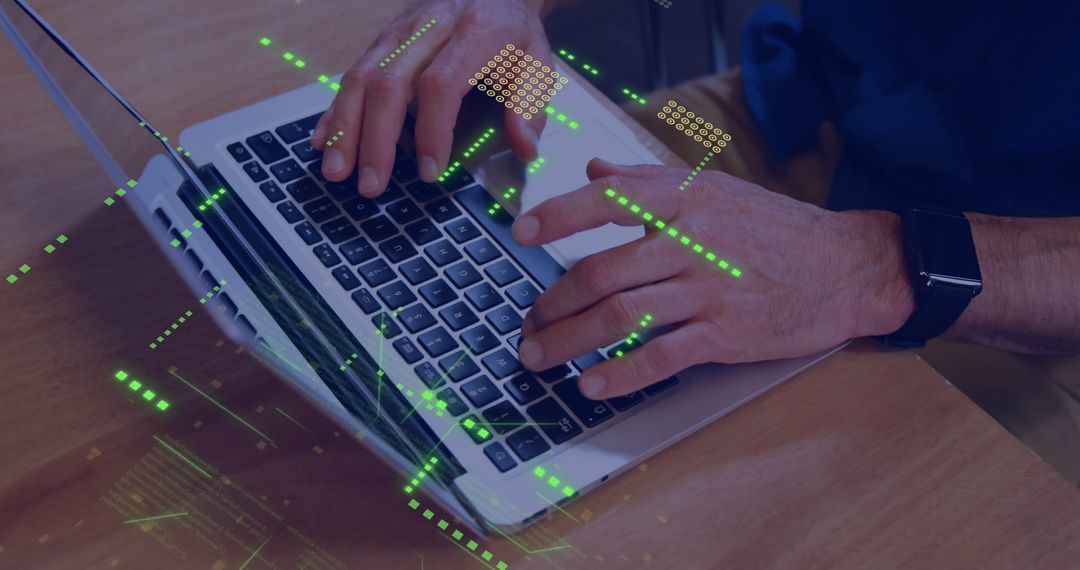 Caucasian Man Using Laptop with Digital Data Visualization