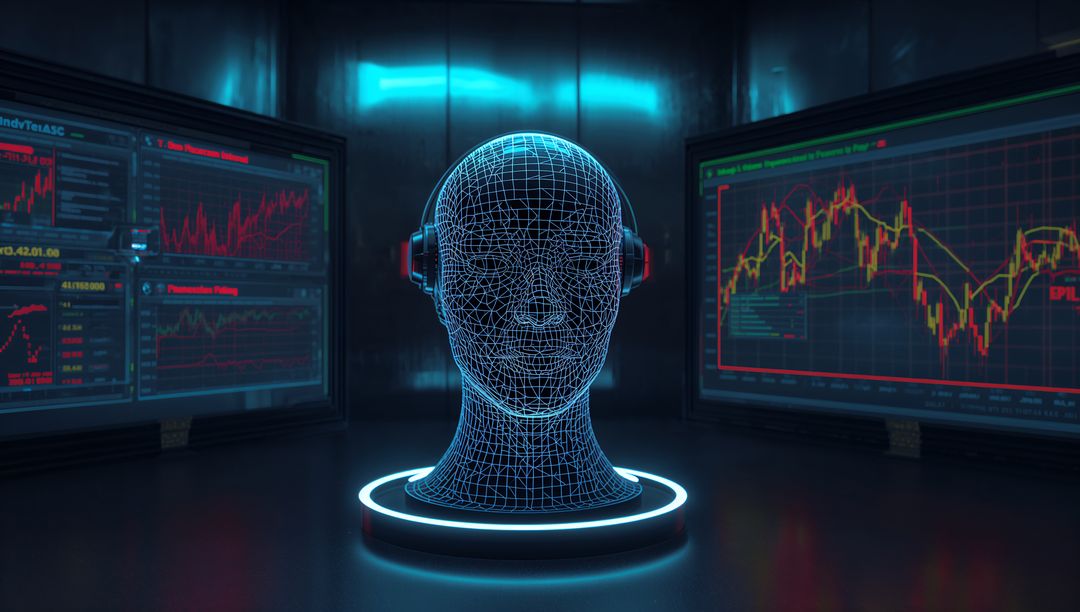 Futuristic Wireframe Head in High-Tech Control Room with Data Charts