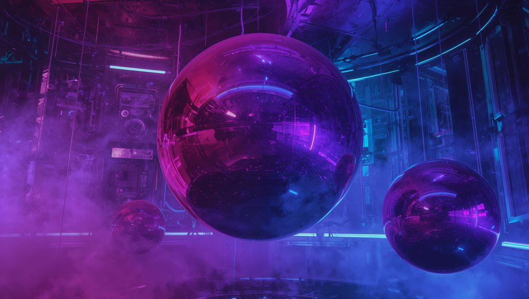 Glowing neon spheres floating in cyberpunk lab with reflective orbs, fog and circuitry