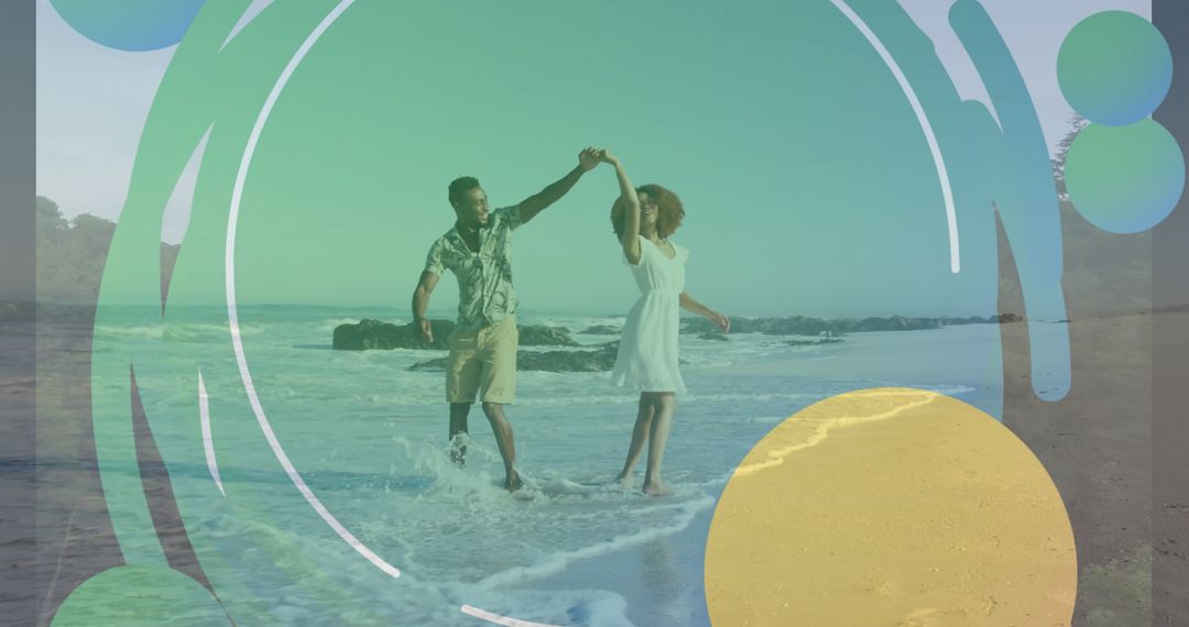 Romantic Couple Holding Hands Beach Walk with Colorful Overlay