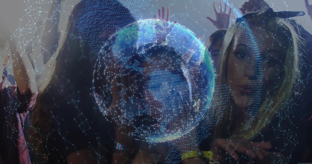Participants Interacting with Holographic Globe in Futuristic Setting
