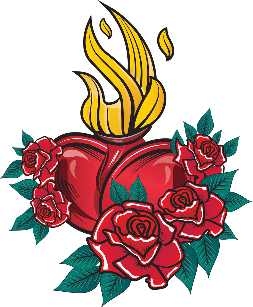 Flaming Heart with Rosy Flames and Red Roses on Transparent Background