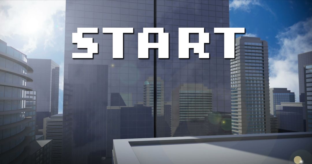 Pixelated Start Text Over Modern Digital Cityscape