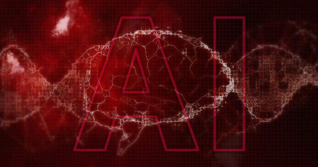 AI and DNA Concept with Digital Data on Red Background