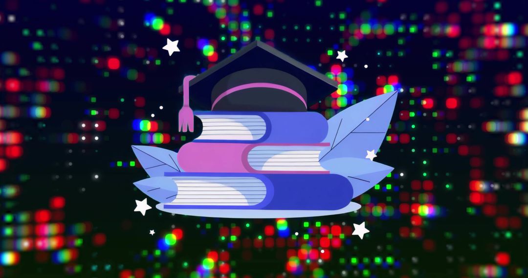 Digital graduation concept with stacked books, mortarboard cap and neon data background