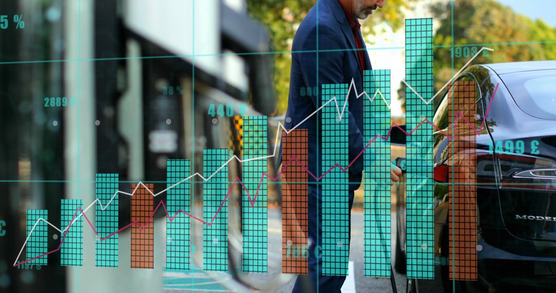 Businessman Fueling Car with Financial Charts Overlay - Free Images, Stock Photos and Pictures on Pikwizard.com