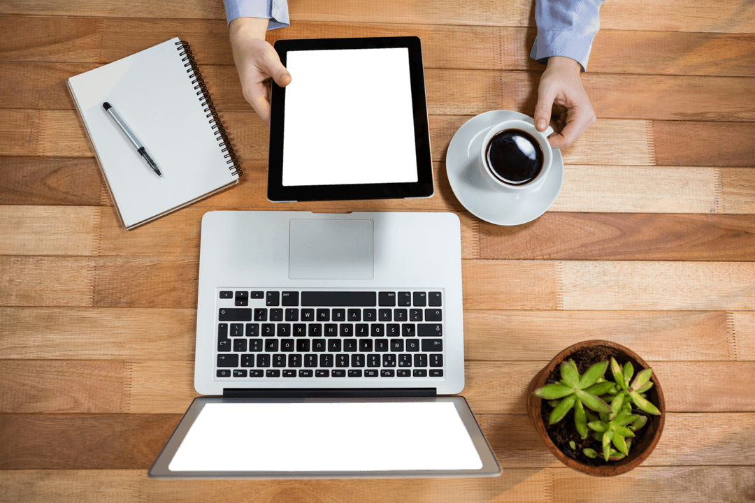 Businesswoman with Tablet, Coffee, and Succulent on Transparent Table