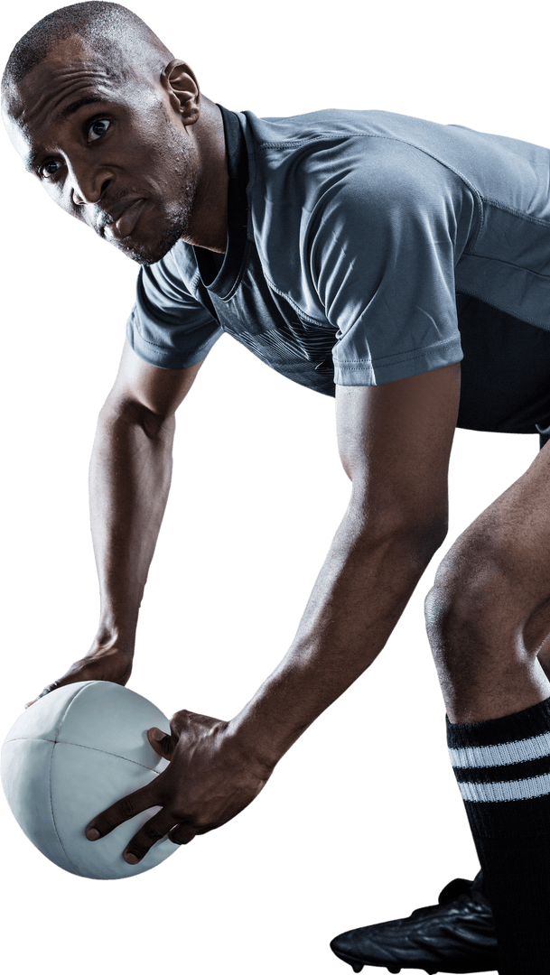 Transparent Rugby Player Holding Ball and Looking Focused
