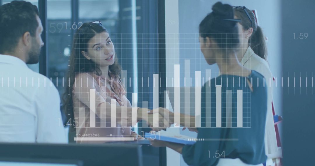 Collaborative Team Discussing Business Insights with Data Overlay