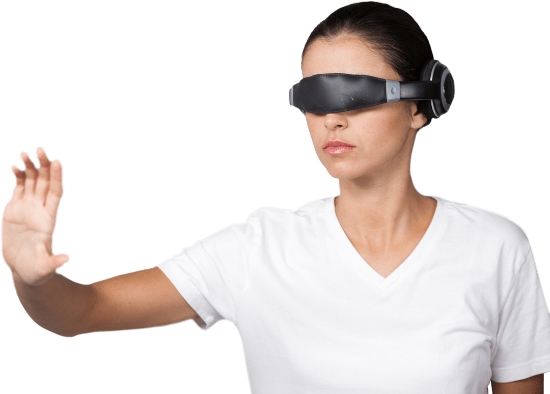 Woman Interacts with Virtual Interface Using VR Glasses Transparent Background