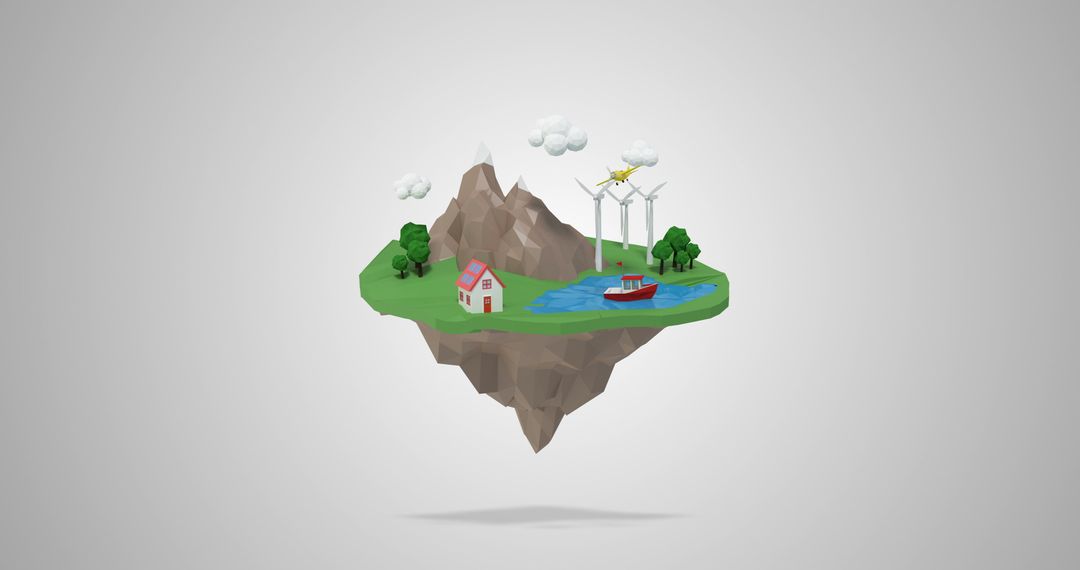 Low Poly Floating Island with Mountain, House and Wind Turbines