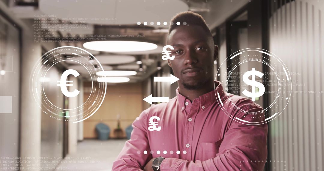 Confident Business Professional in Office with Floating Currency Symbols