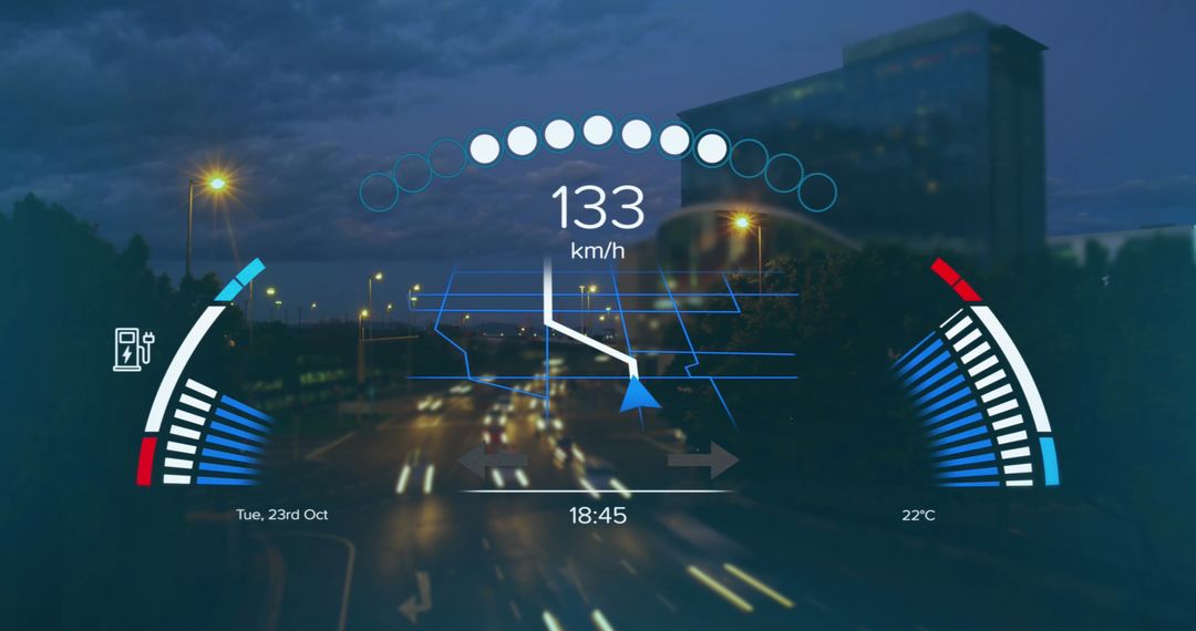 Futuristic Digital Interface With Speedometer And GPS Displaying Over Night City Traffic