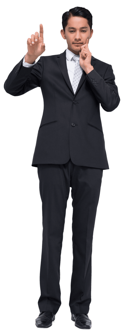 Pensive Asian Businessman Holding Index Finger on Transparent Background