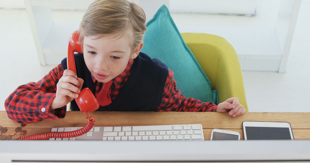 Young Boy Pretending to Work in Office at Desk with Phone and Computer - Free Images, Stock Photos and Pictures on Pikwizard.com