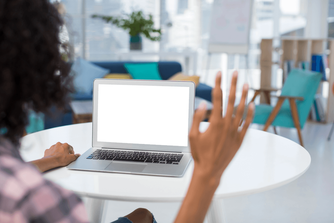 Transparent Hands Waving During Video Conference in Modern Office