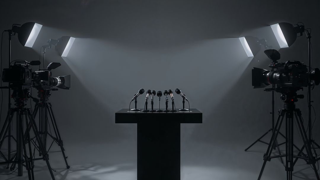 Broadcast Podium with Microphones and Camera Equipment